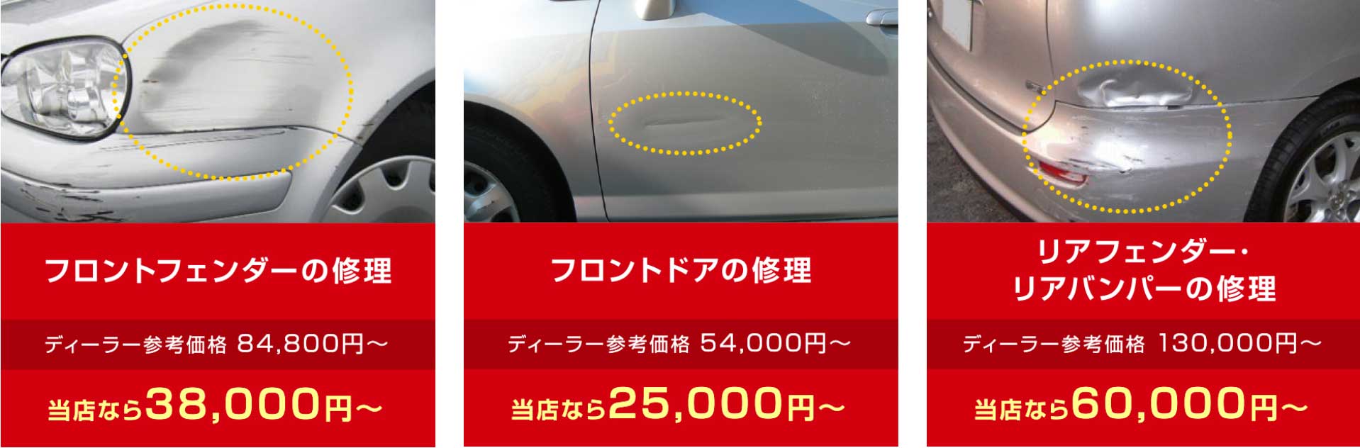 フロントフェンダー、フロントドア、リアフェンダー、リアバンパー修理参考例